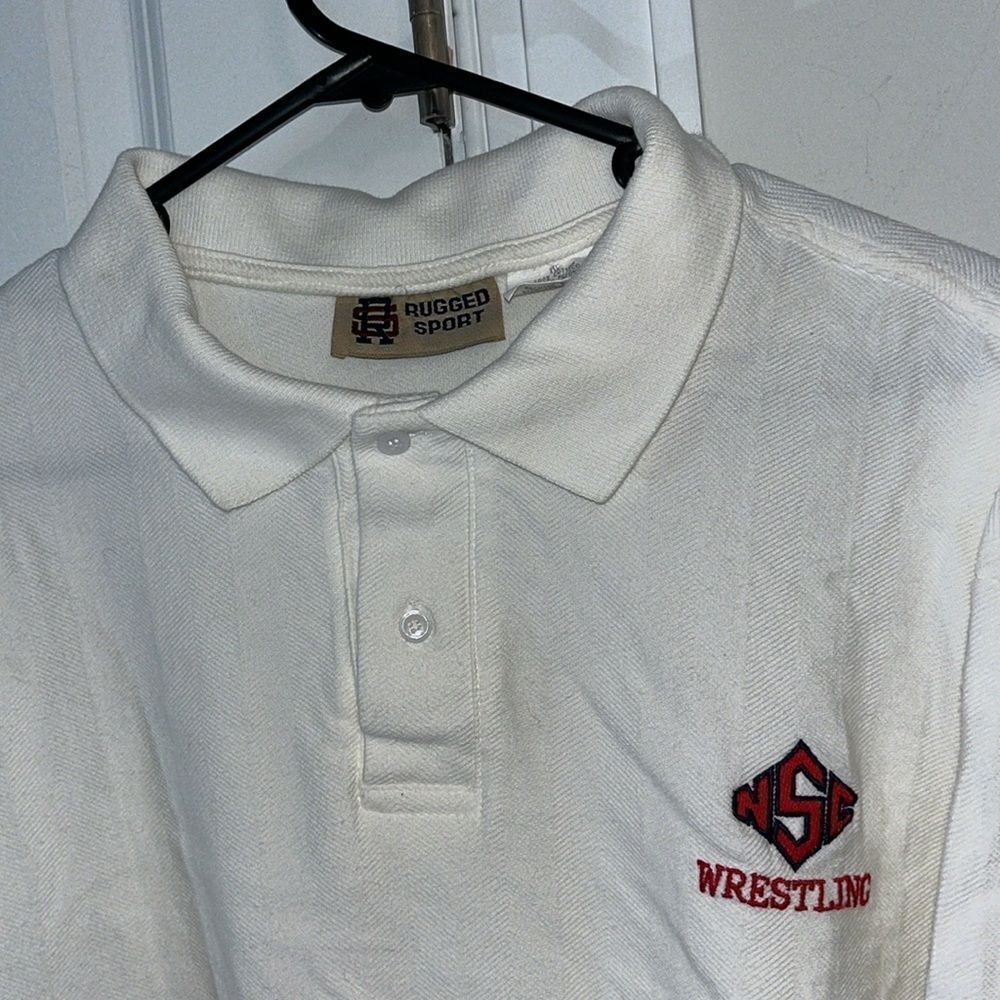 Vintage white retro logo NC State Wolfpack wrestling team golf polo shirt-XXL/XL